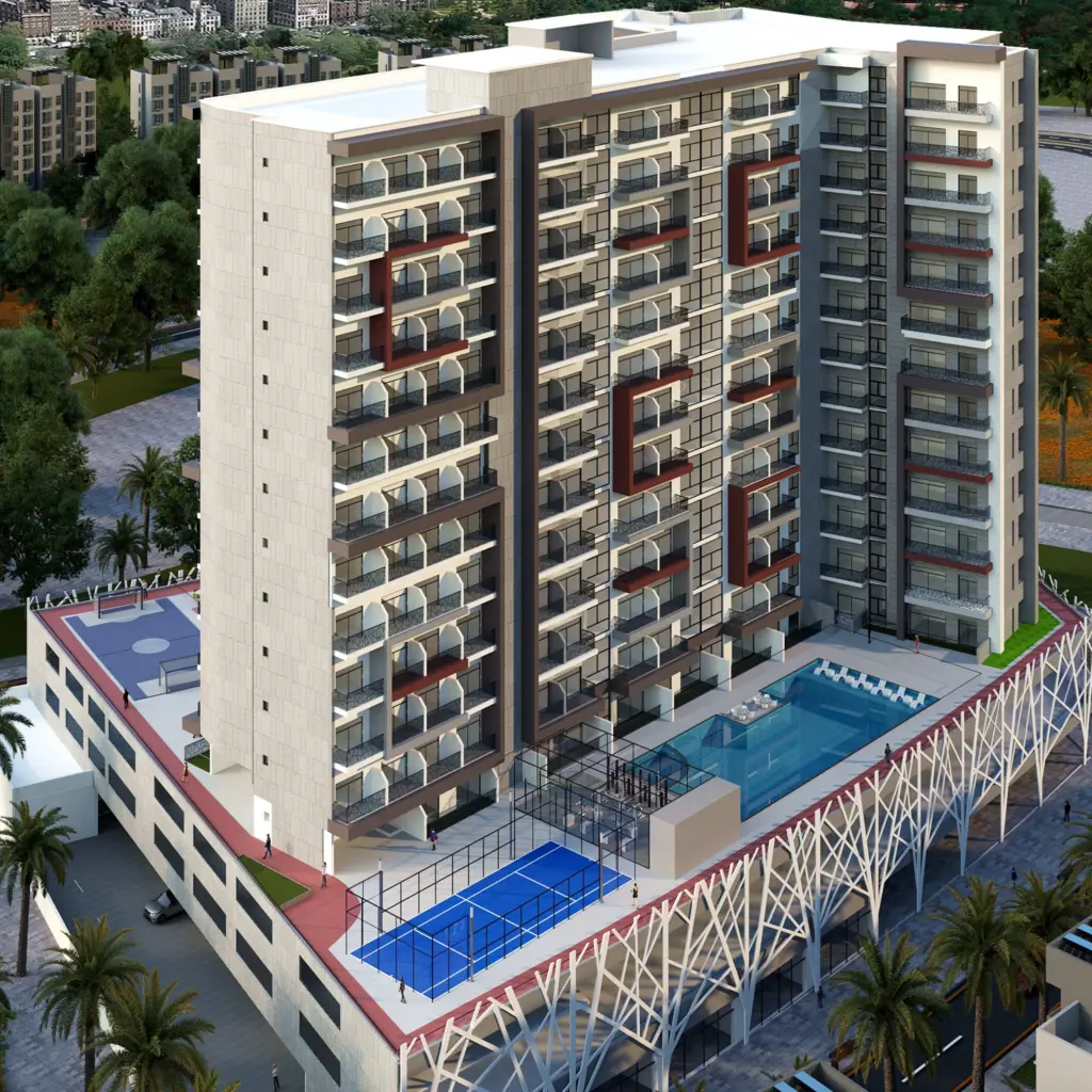 Aerial view of tower with podium pool and paddle court