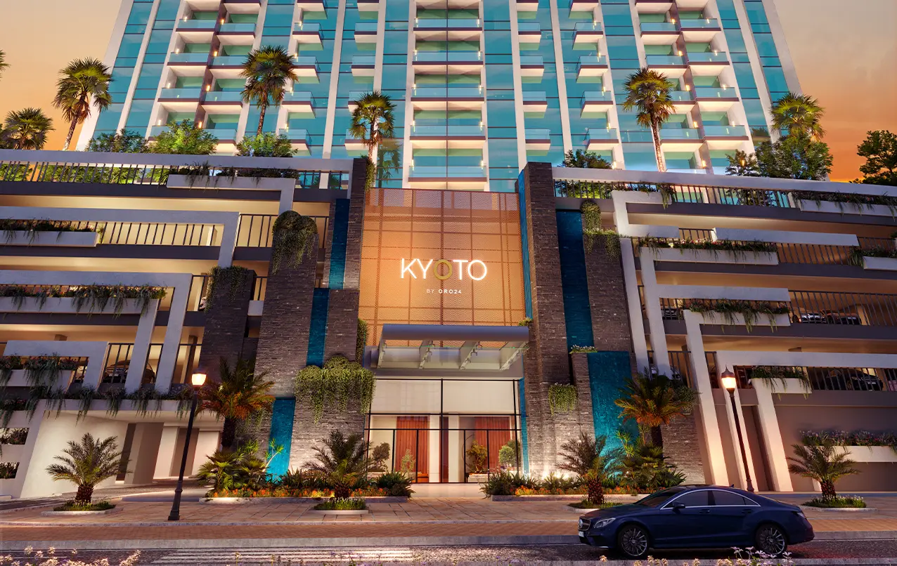 Tower entrance with water feature and garden terraces