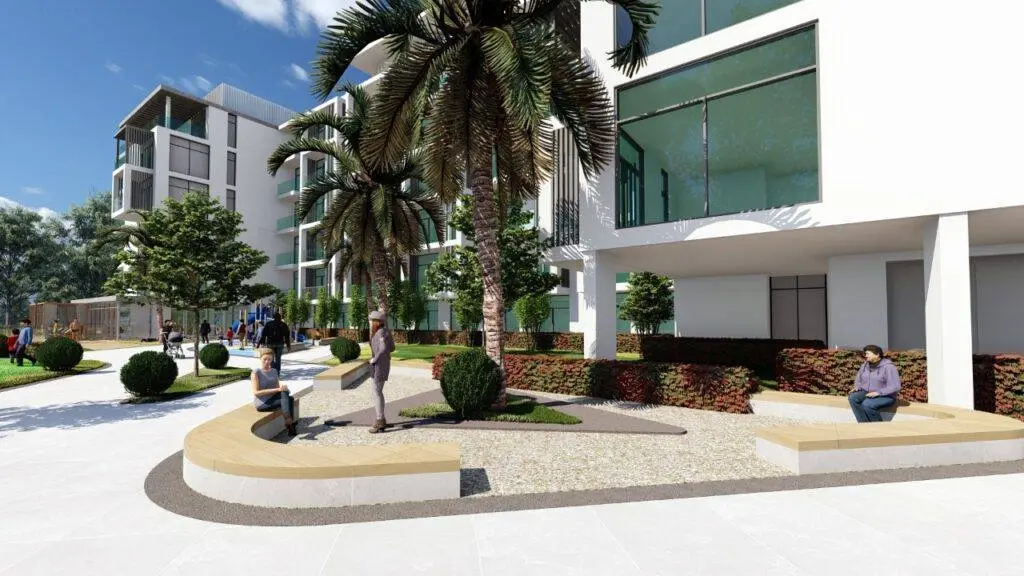 Landscaped courtyard with seating and palm trees