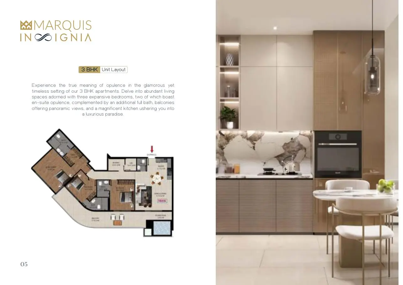 3 BHK unit layout beside kitchen render