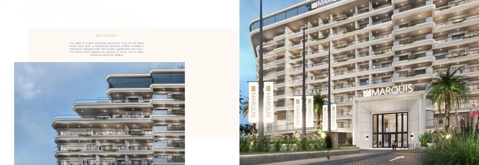 Tower balconies and main entrance with Marquis sign