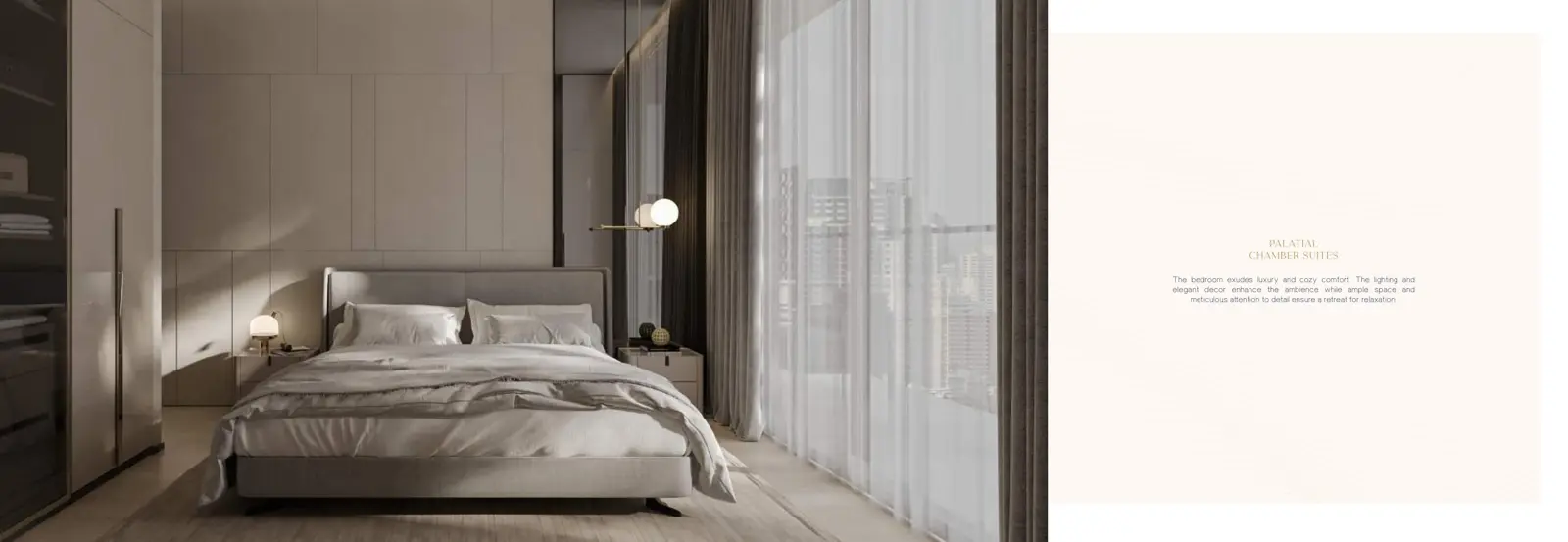 Bedroom with floor-to-ceiling curtains and city view