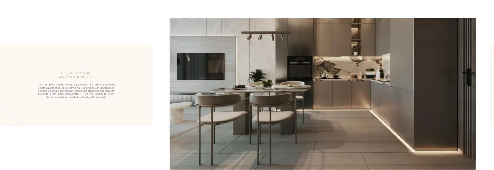 Kitchen and dining area with marble backsplash