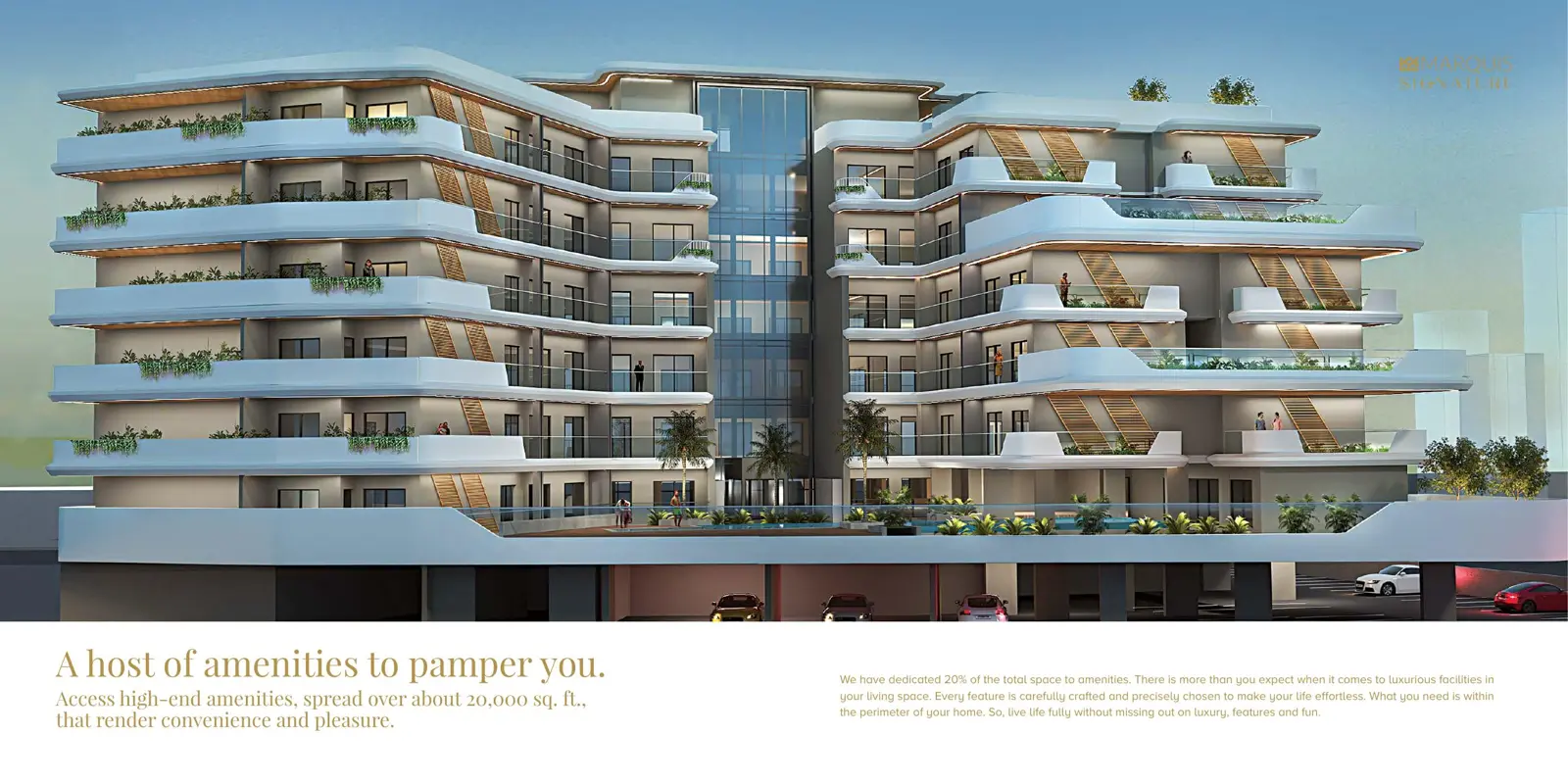 Full facade of the building with balconies and pool