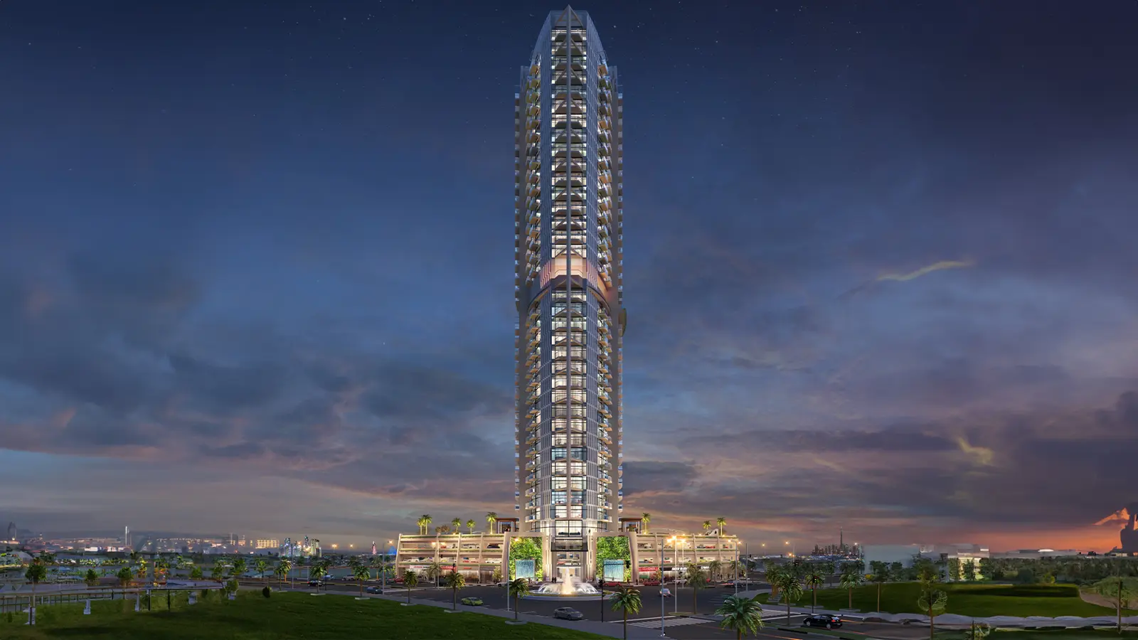 Tall glass tower at dusk with podium below