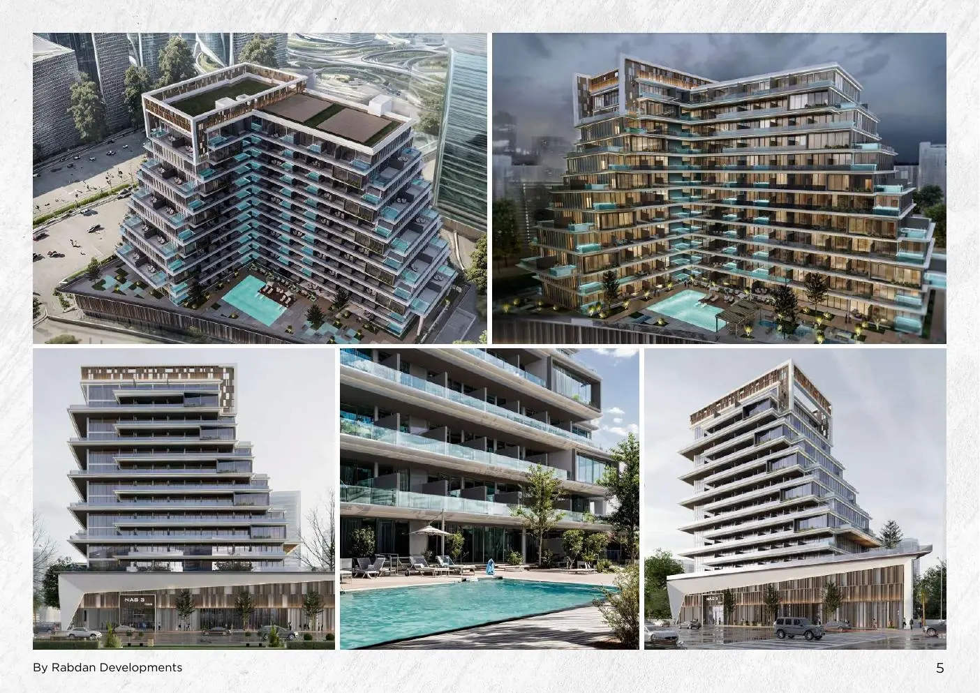 Five views of the tower, pool and podium