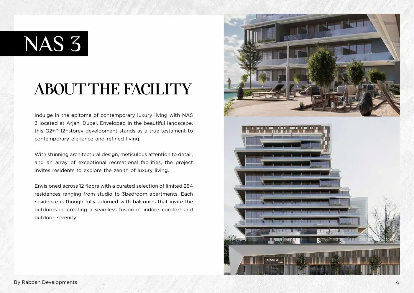 Terrace seating area and stepped tower facade