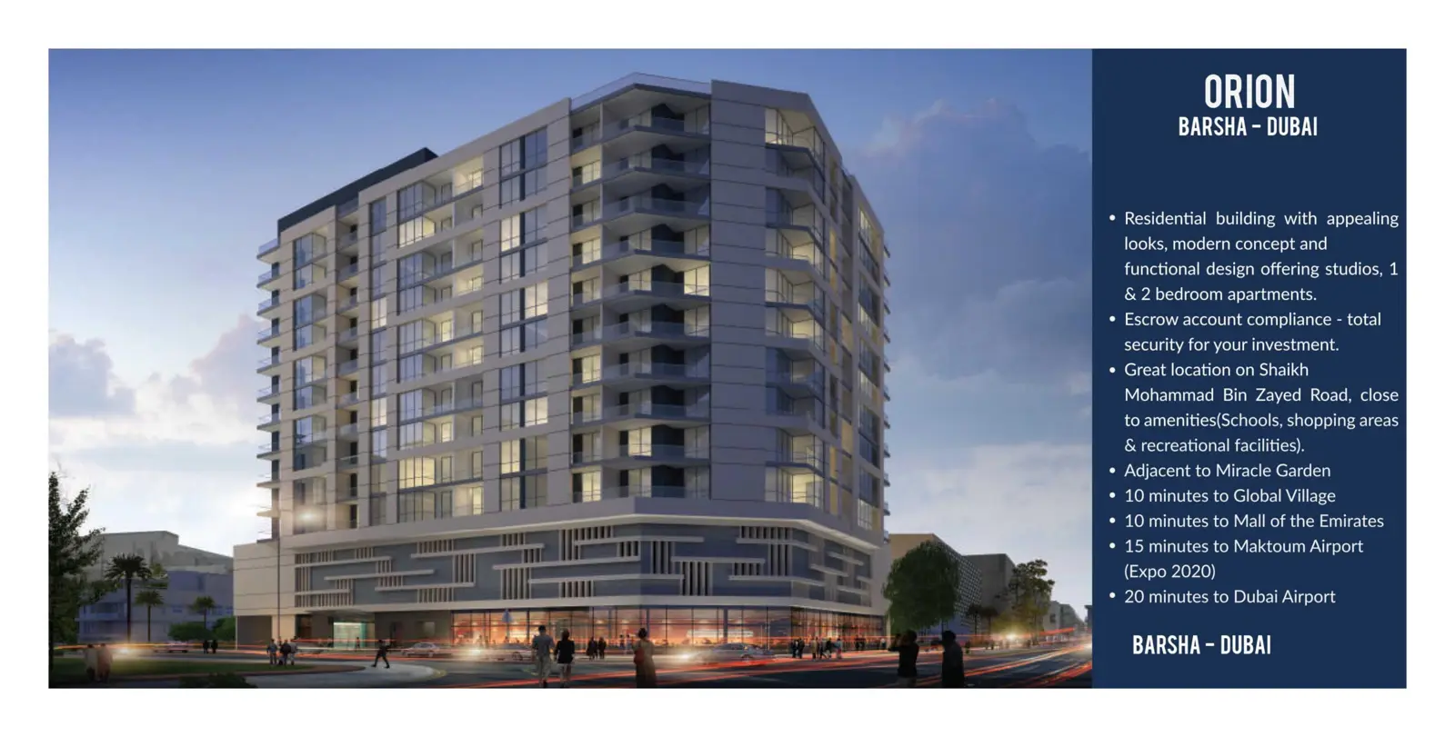 Orion building at dusk with the project description