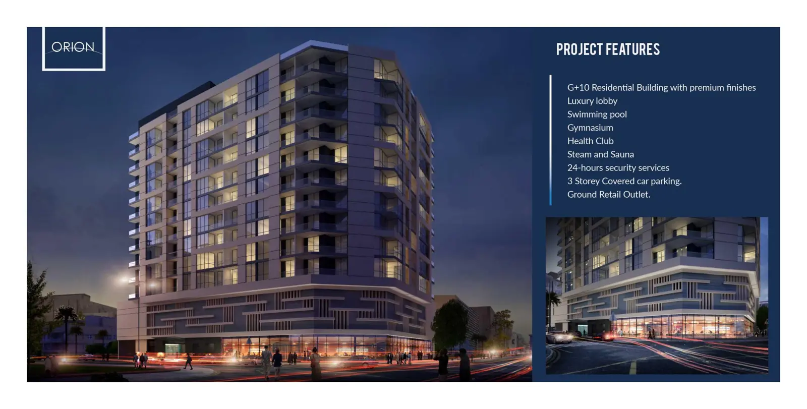 Night view of the building with project features list