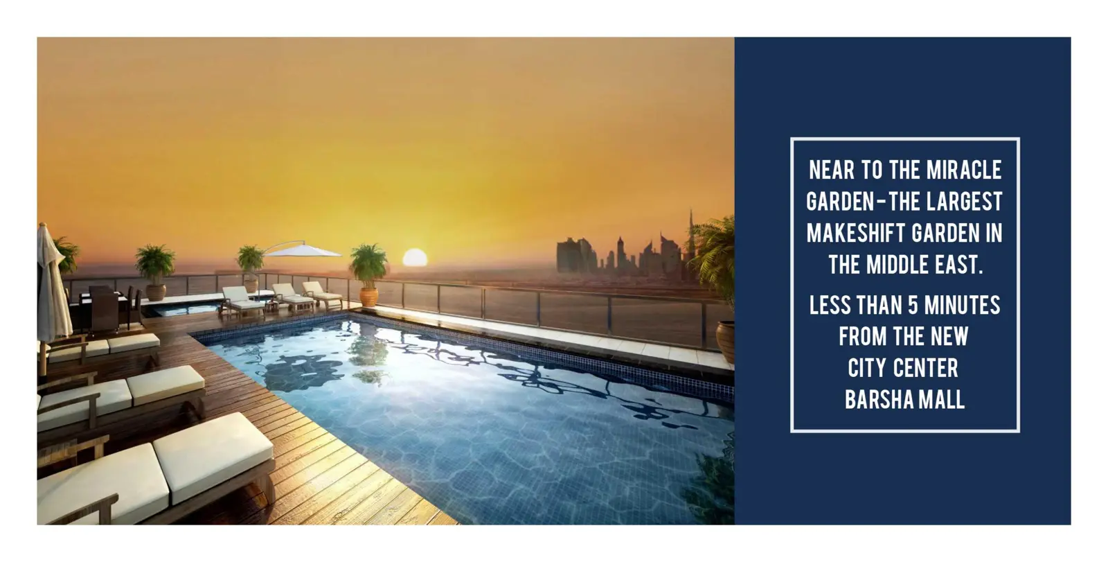 Rooftop pool deck at sunset