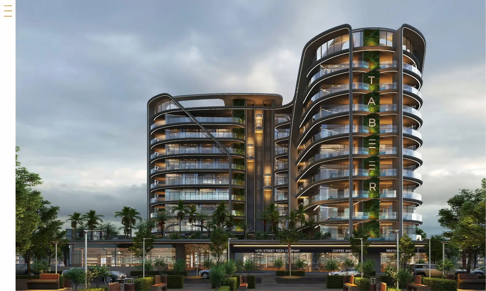 Front view of the two connected blocks at dusk