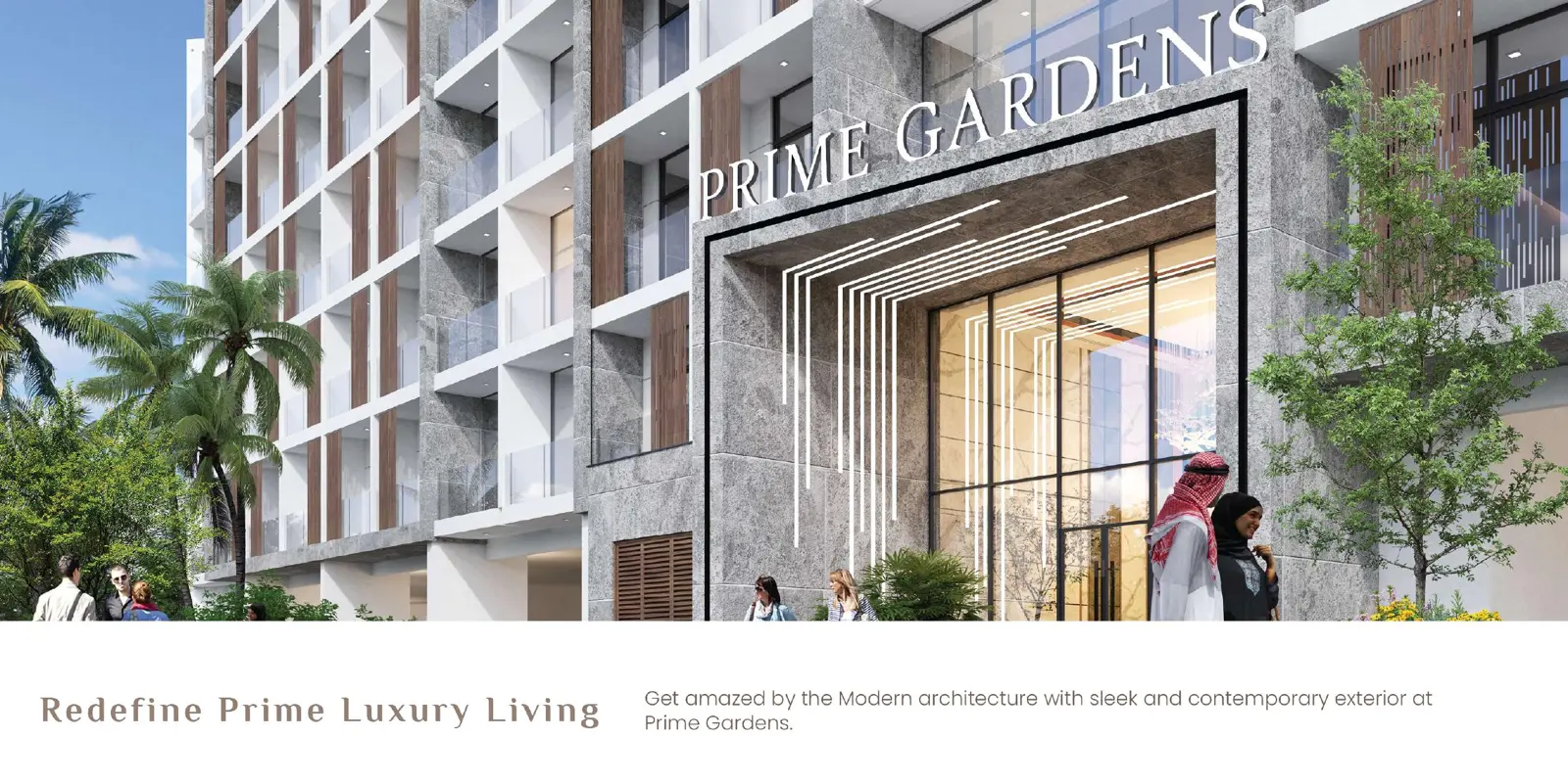 Marble-clad entrance with Prime Gardens signage