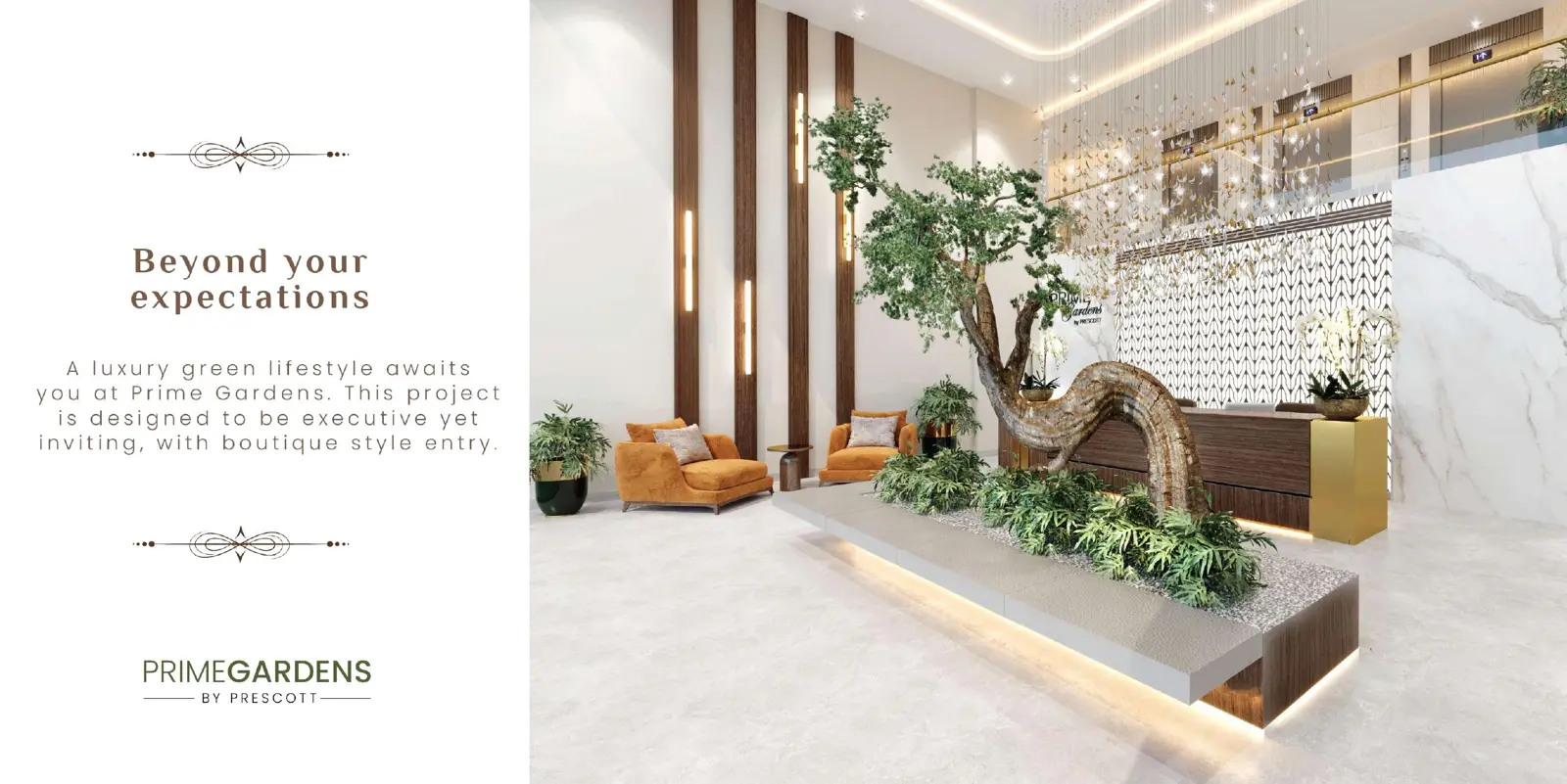 Lobby with reception desk and sculptural tree