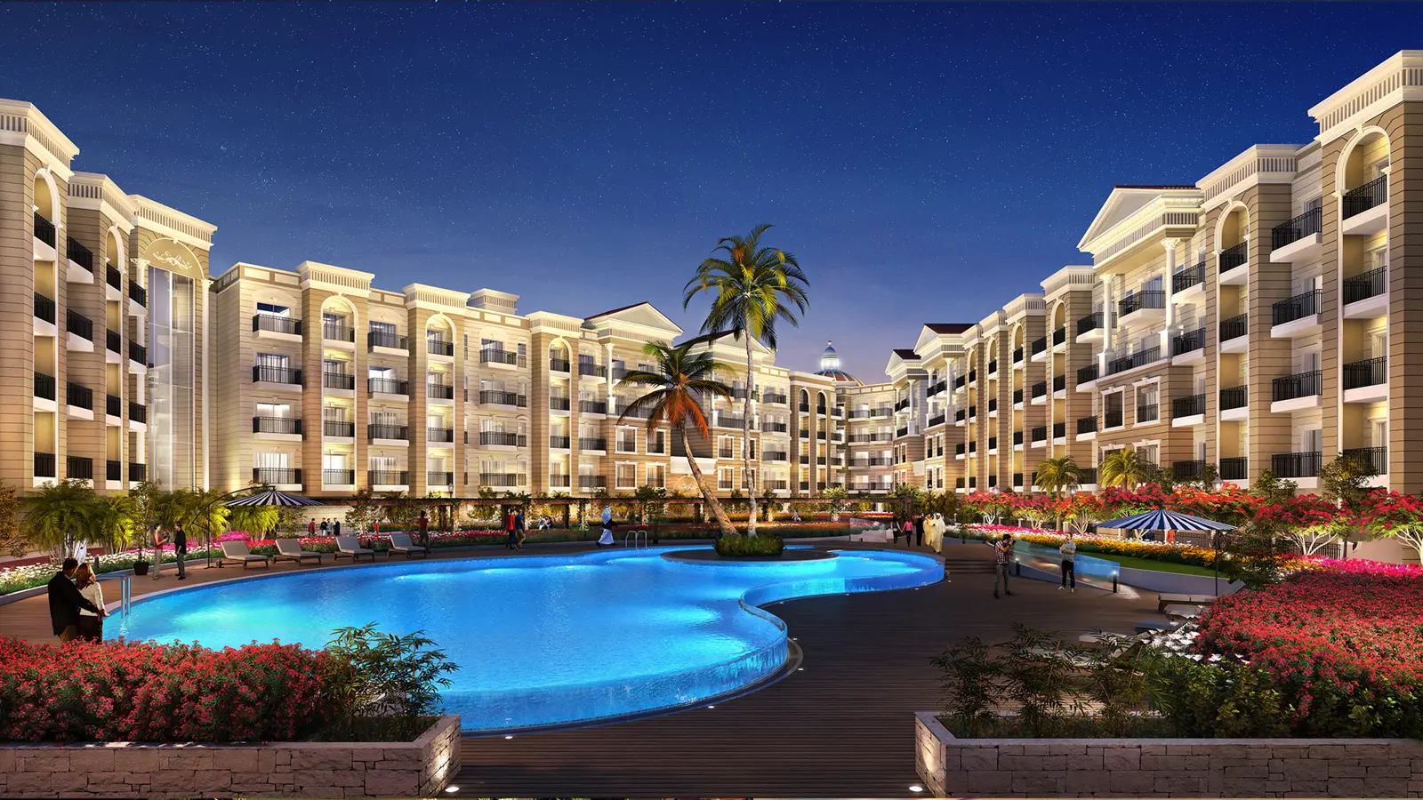 Night view of blocks around the lit pool