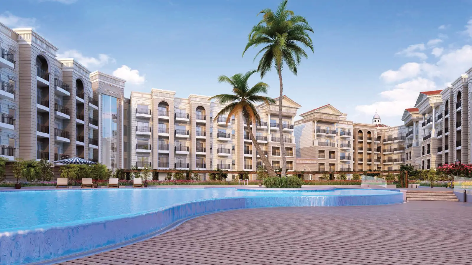 Blocks with palm trees beside the pool