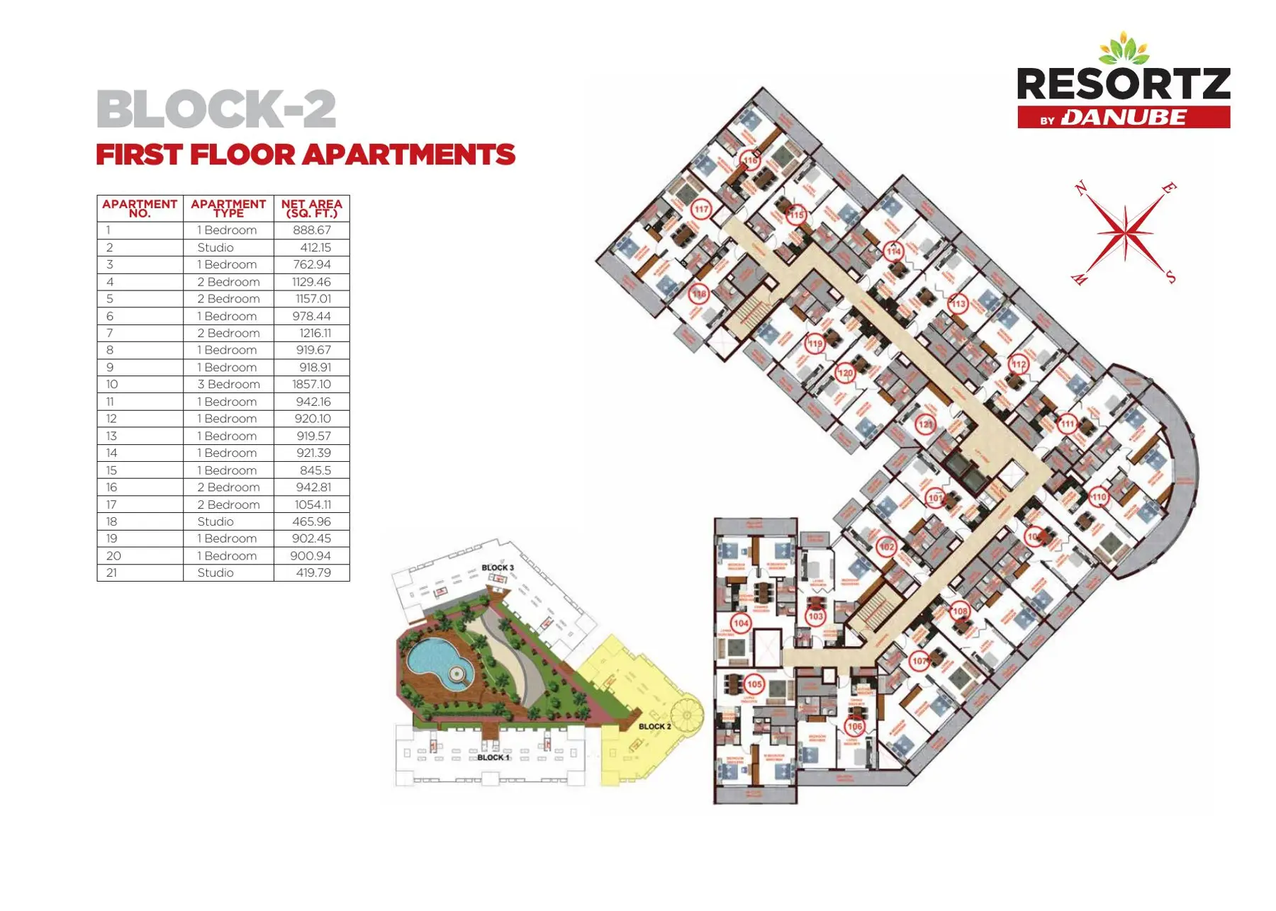 Block 2 first floor apartments with unit table