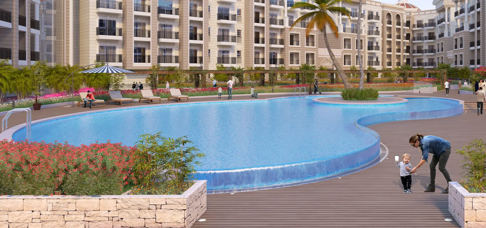 Pool deck with family beside the blocks
