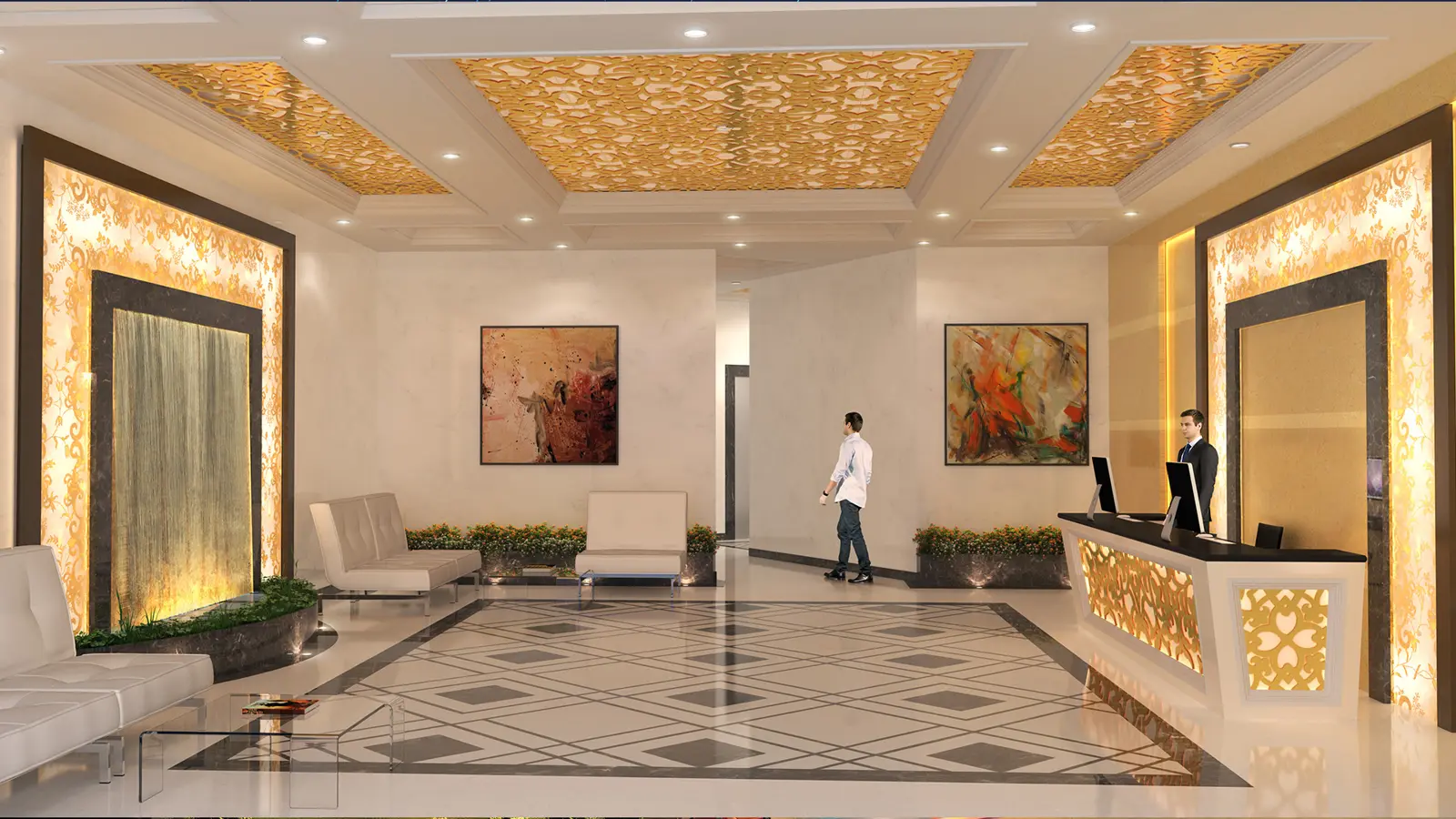 Lobby with reception desk and gold ceiling panels