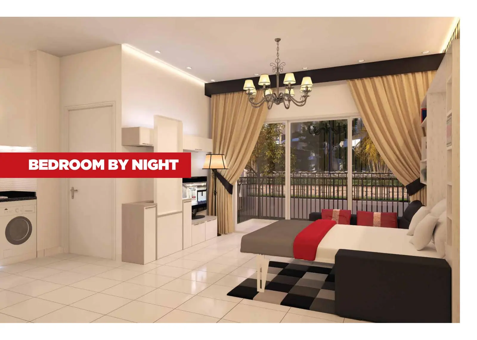 Studio apartment set up as a bedroom by night