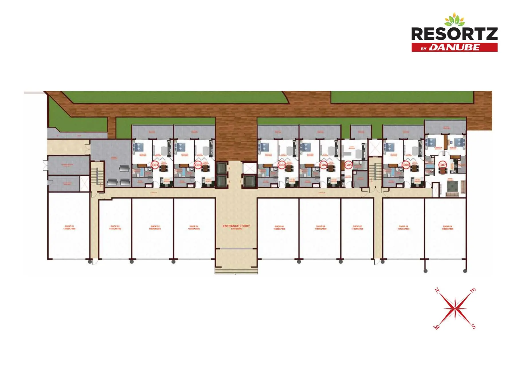 Block 1 ground floor plan with shops and apartments