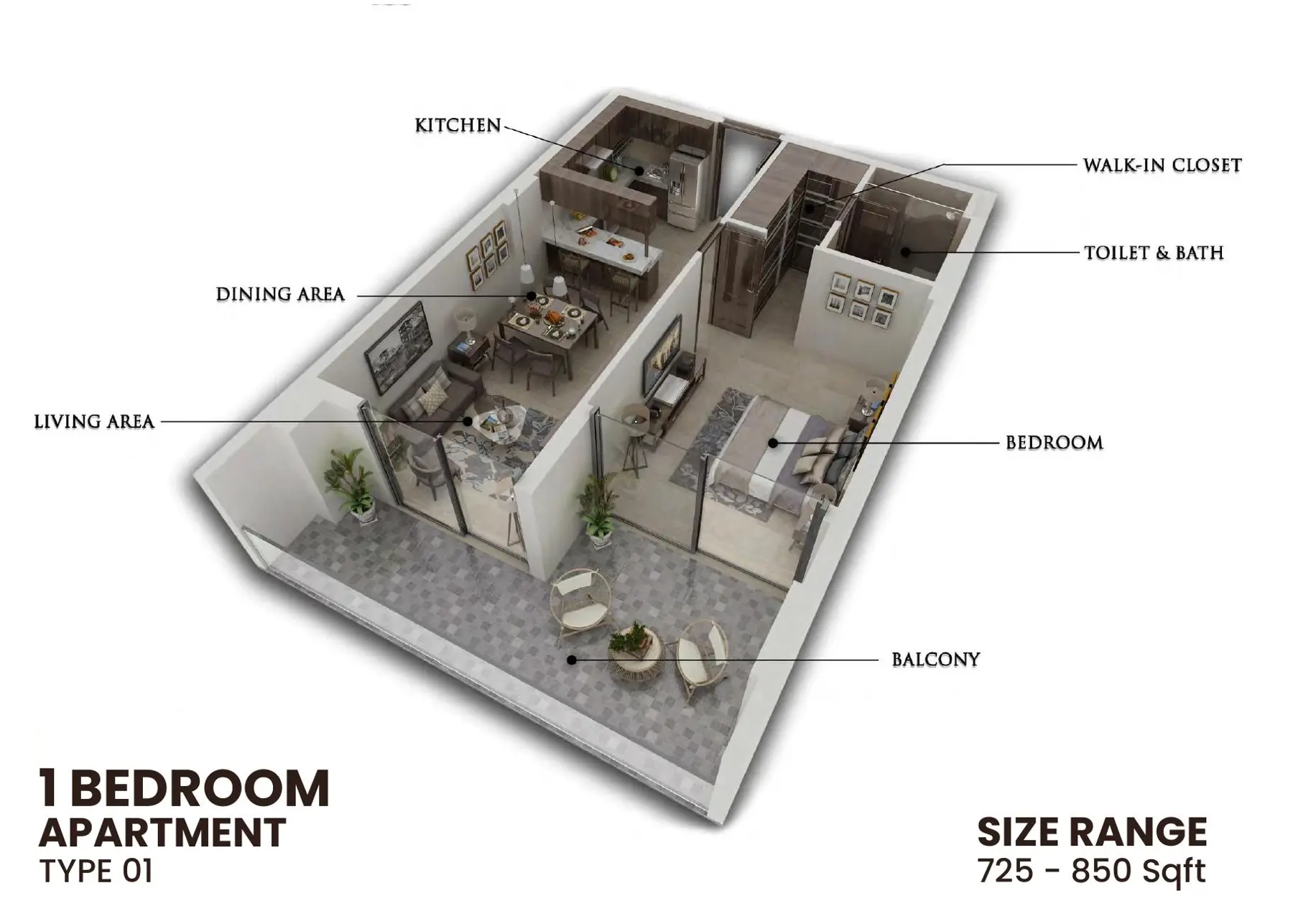3D plan of one-bedroom type 01