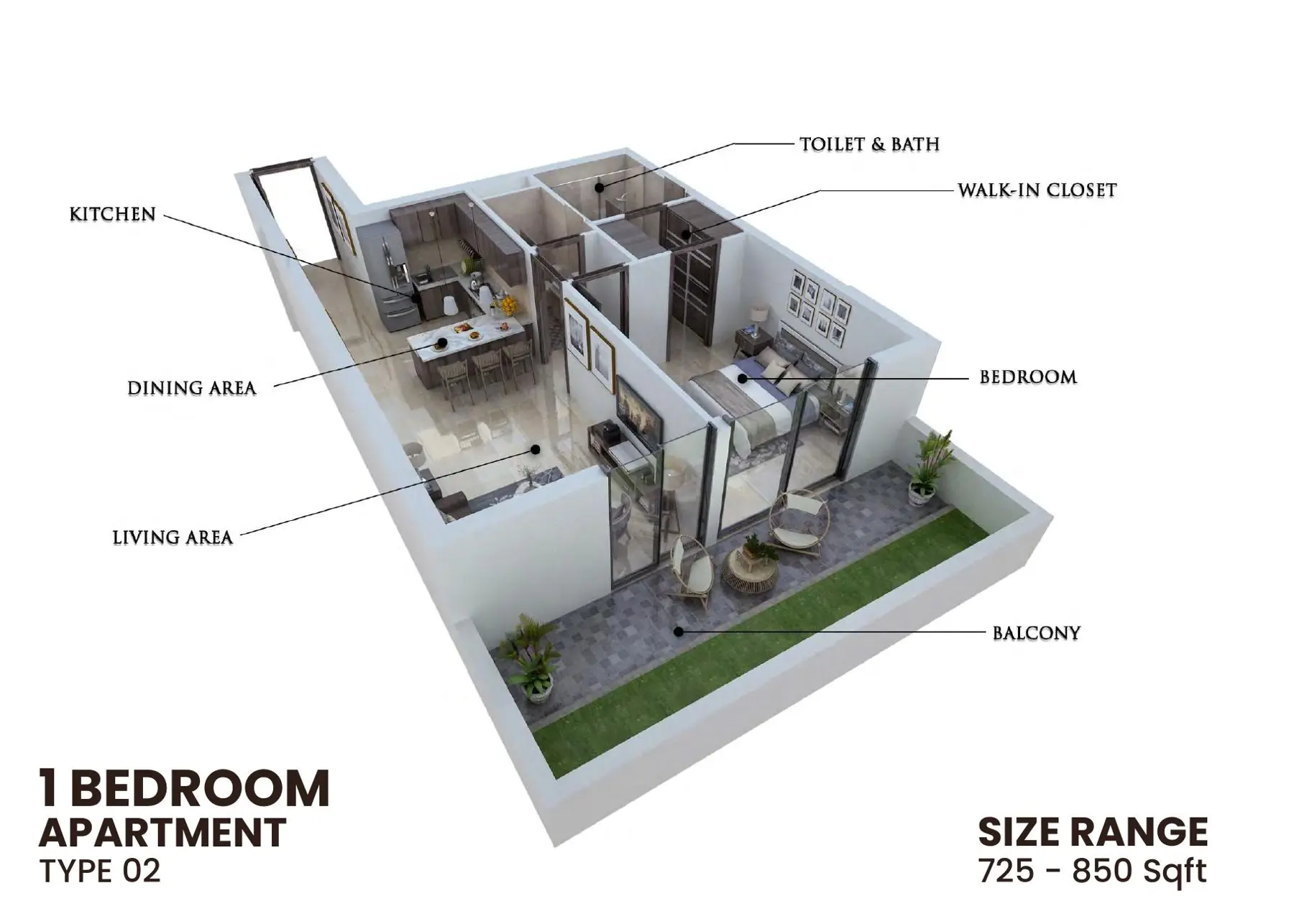 3D plan of one-bedroom type 02