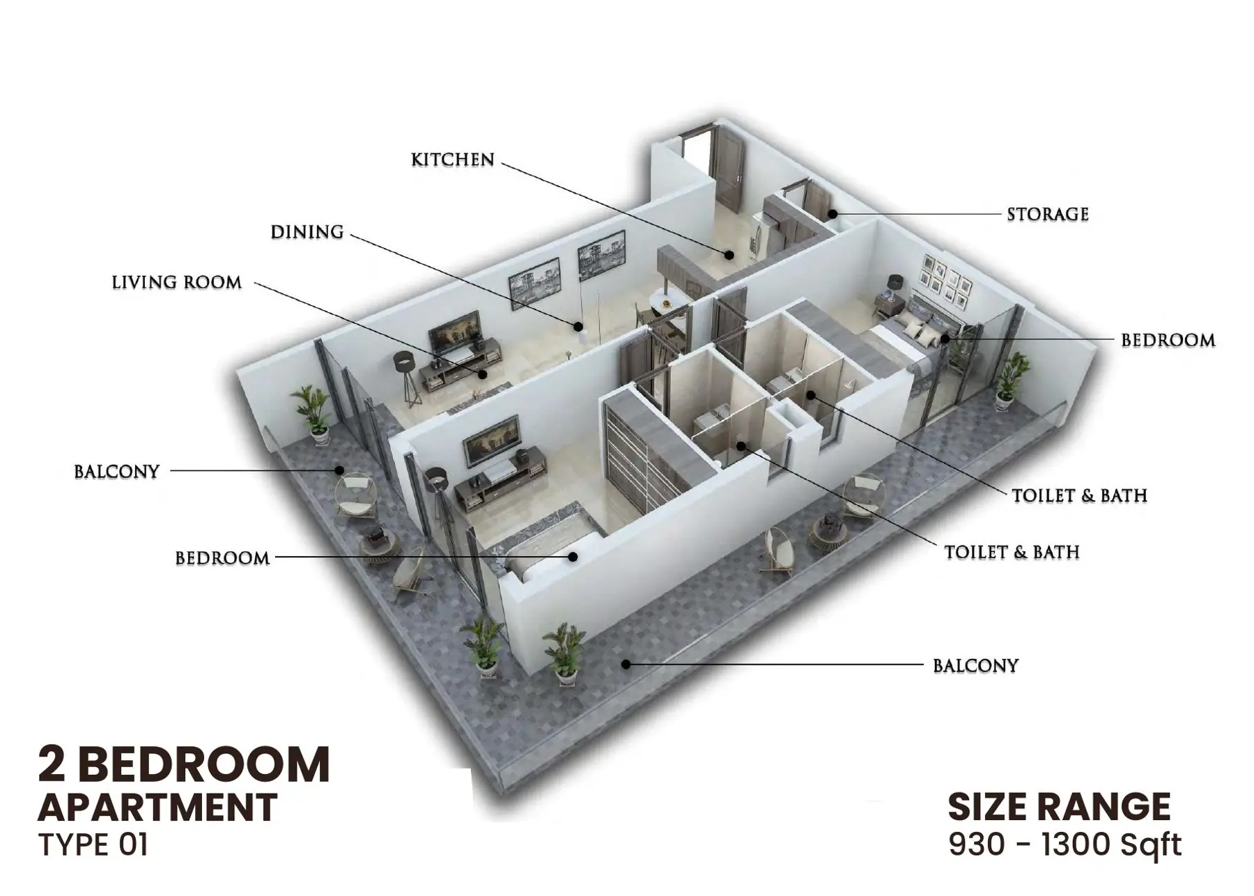 3D plan of two-bedroom type 01