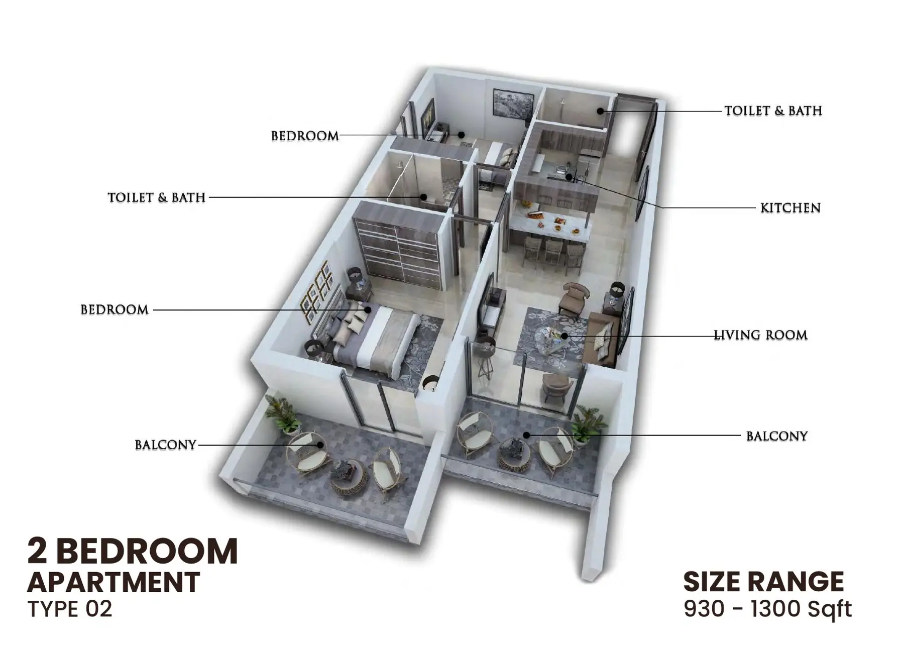 3D plan of two-bedroom type 02