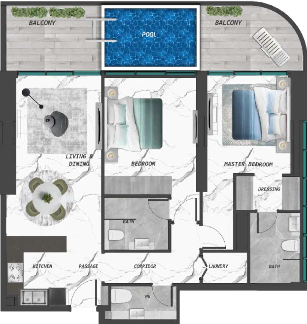 Two-bedroom plan with balcony pool