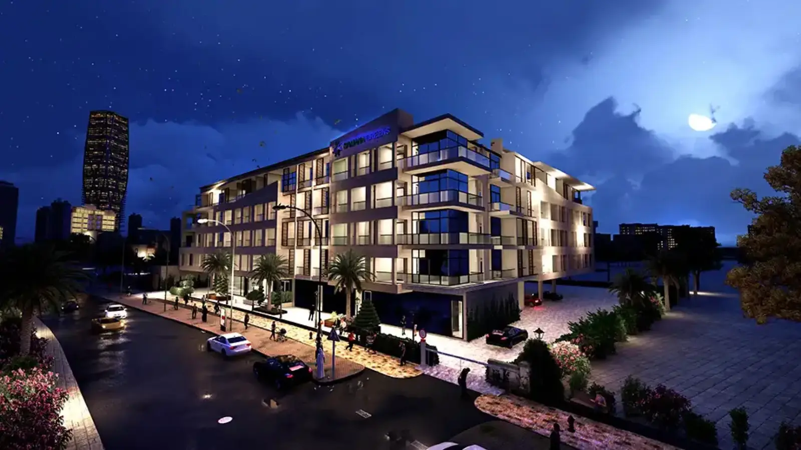 Building at night with balconies and street
