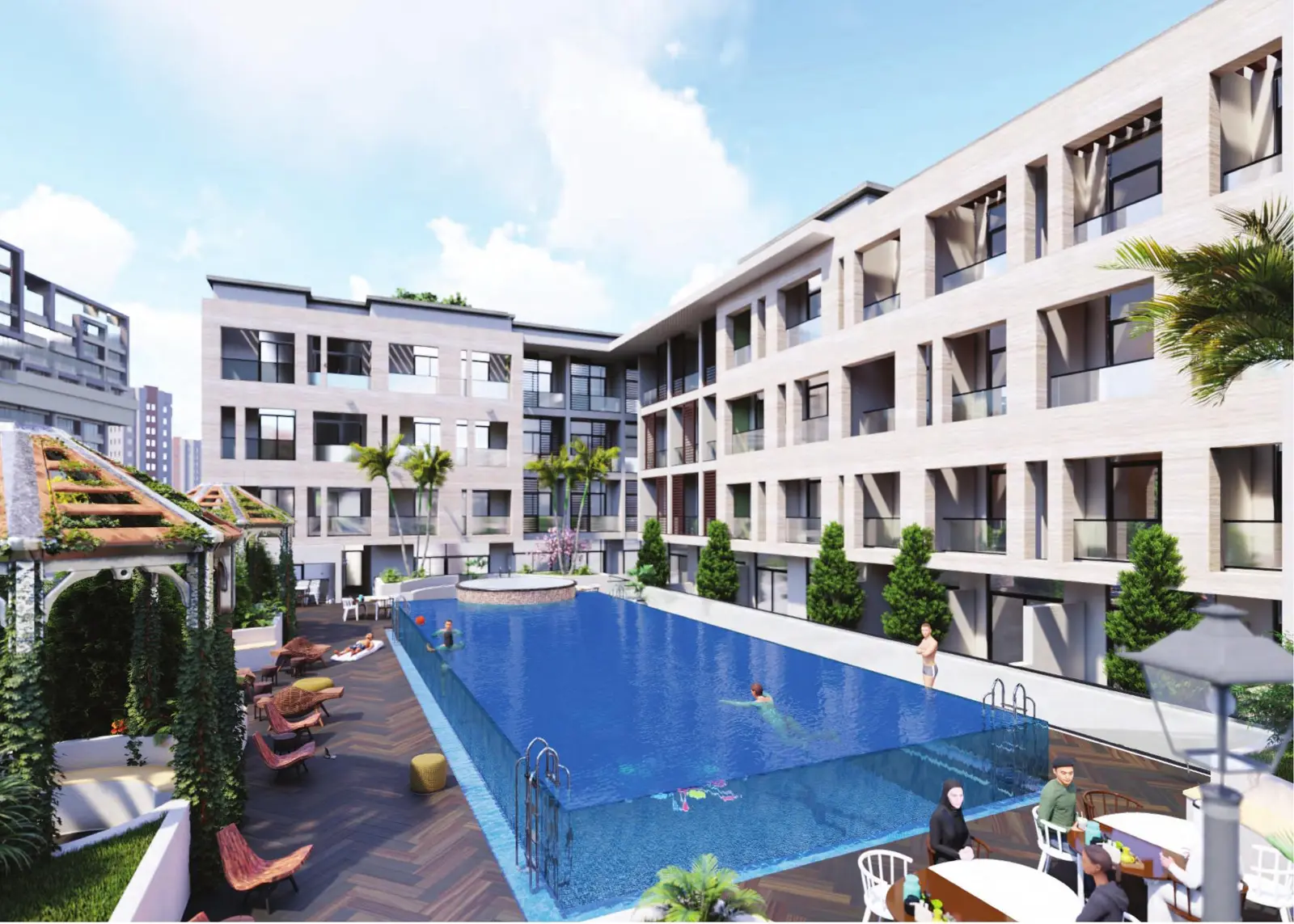 Pool deck surrounded by the building