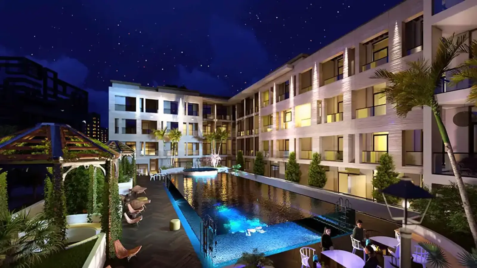 Pool deck lit at night