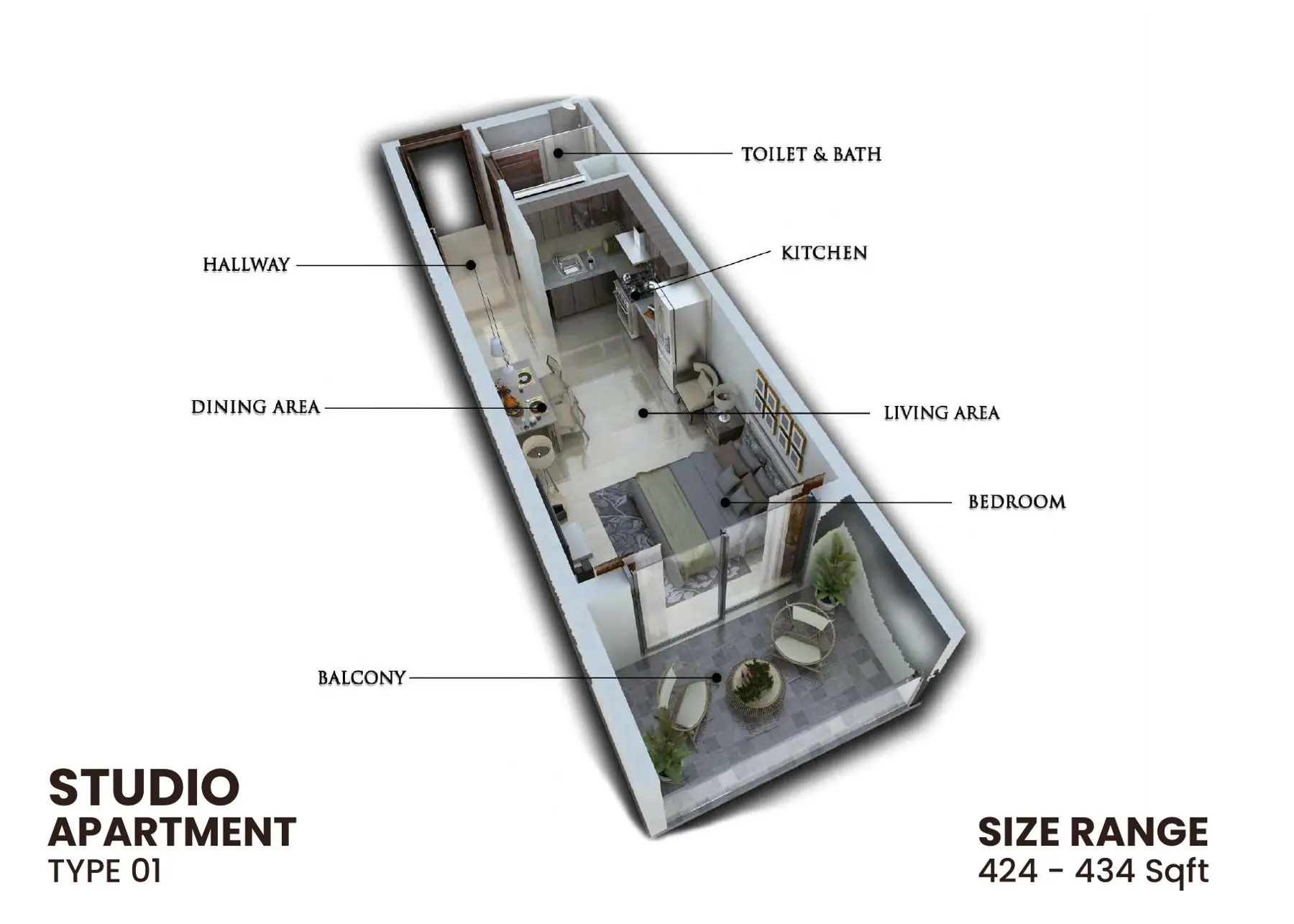 3D plan of studio, 424-434 sqft