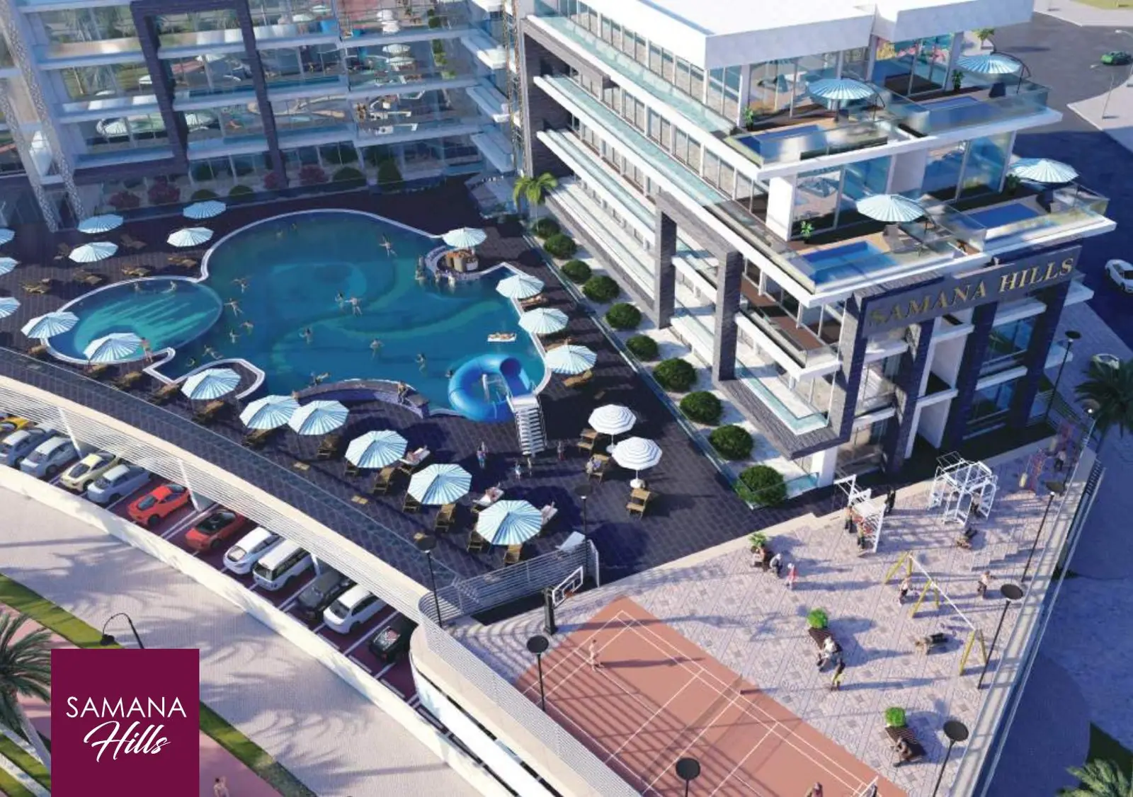 Aerial of pool deck and building