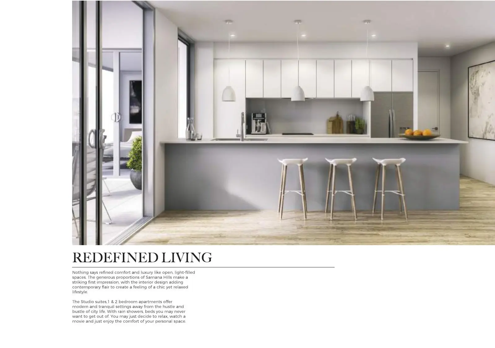 Kitchen and living area with balcony doors