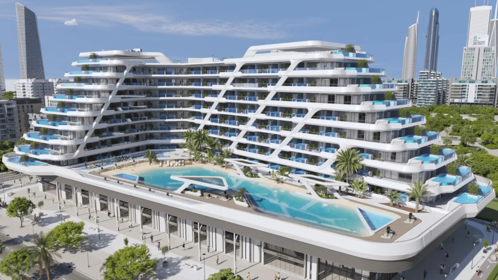 Aerial view of building and rooftop pool deck