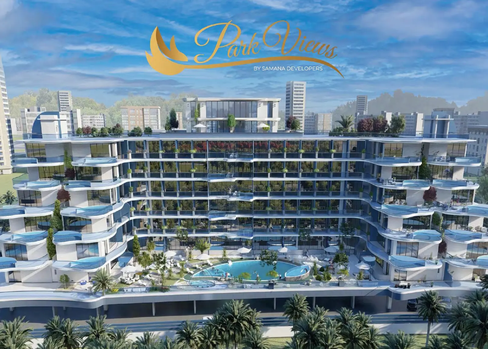 Whole building with pool deck, logo on sky
