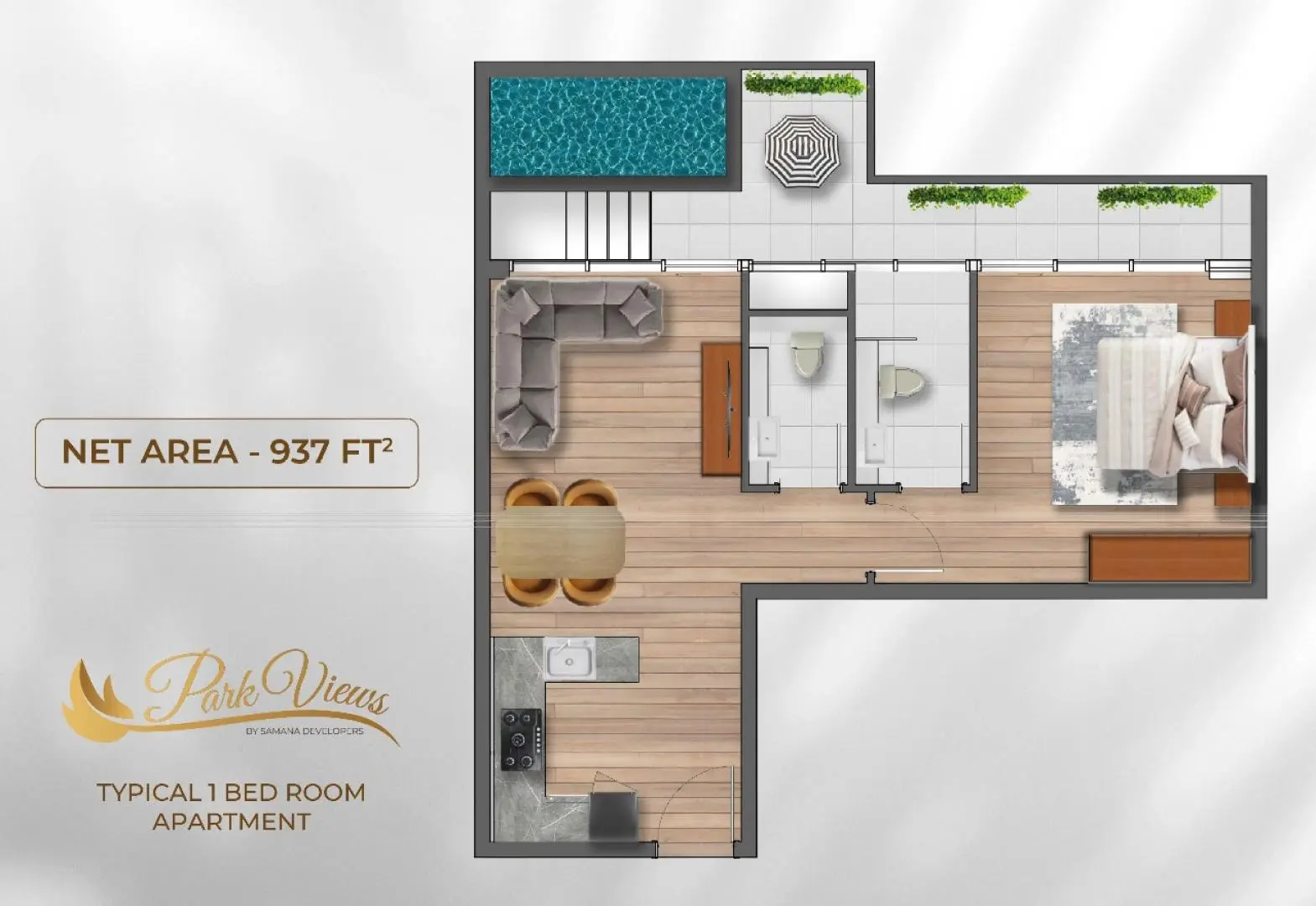 Typical one-bedroom plan, 937 sq ft