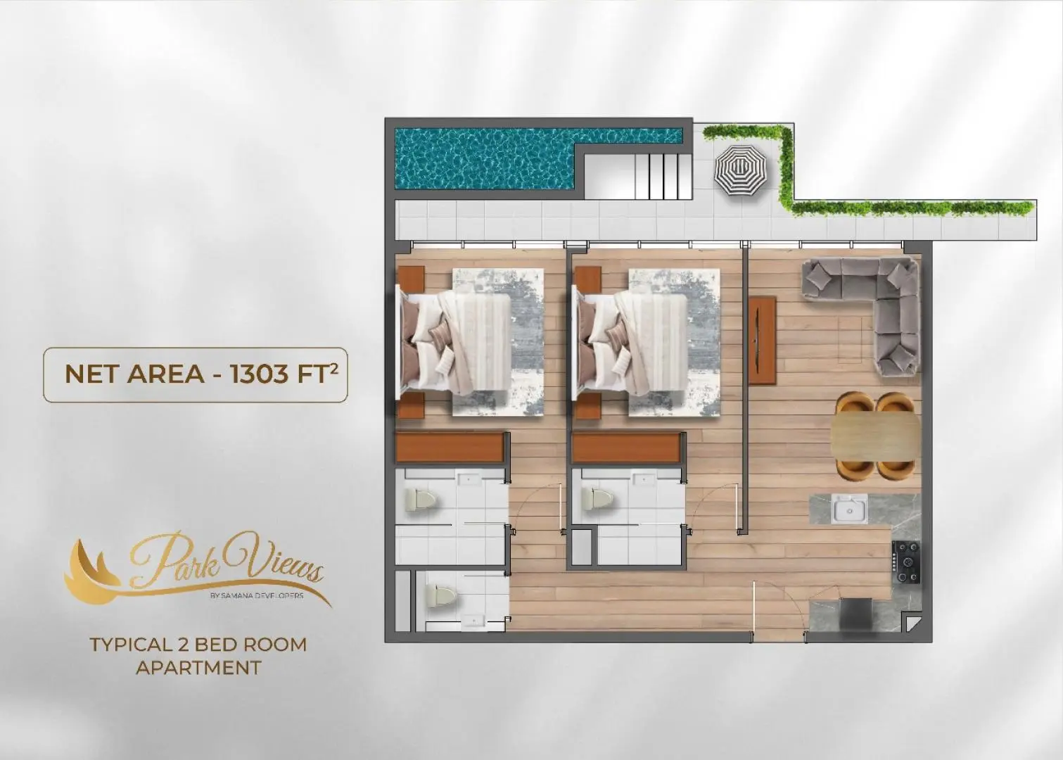 Typical two-bedroom plan, 1,303 sq ft