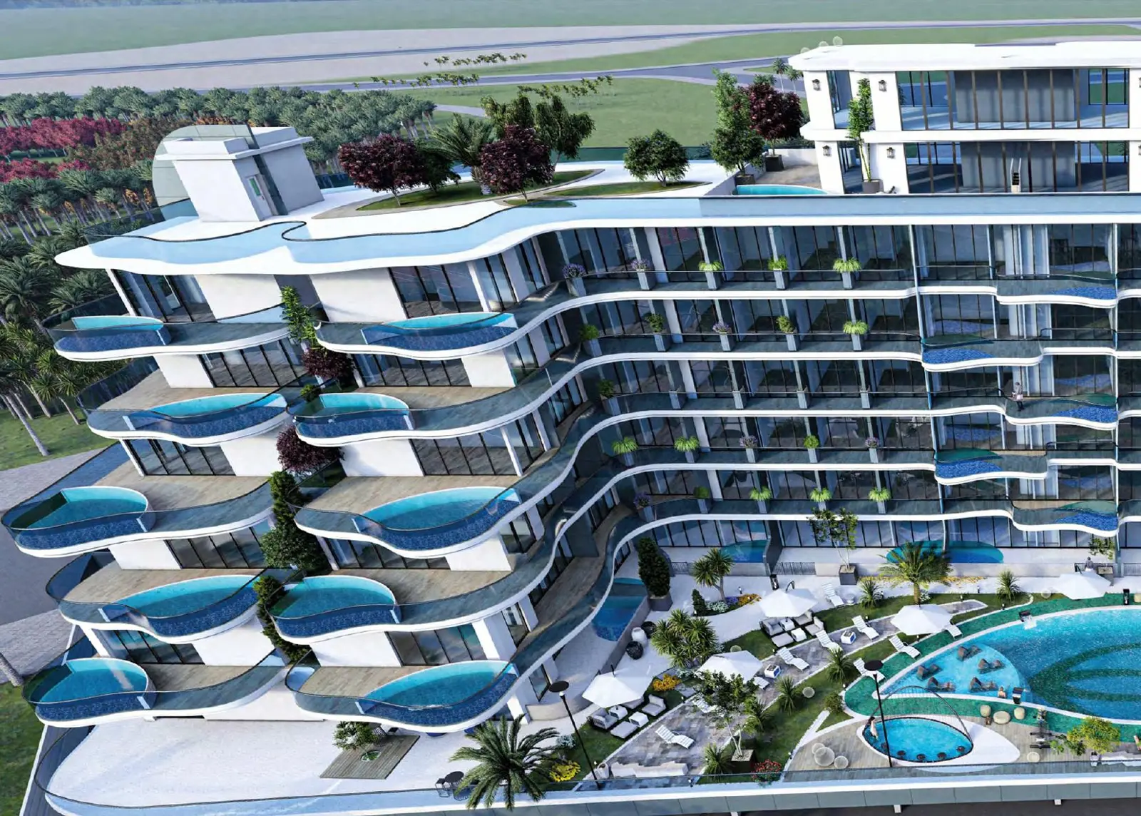 Aerial view of terraces with private pools
