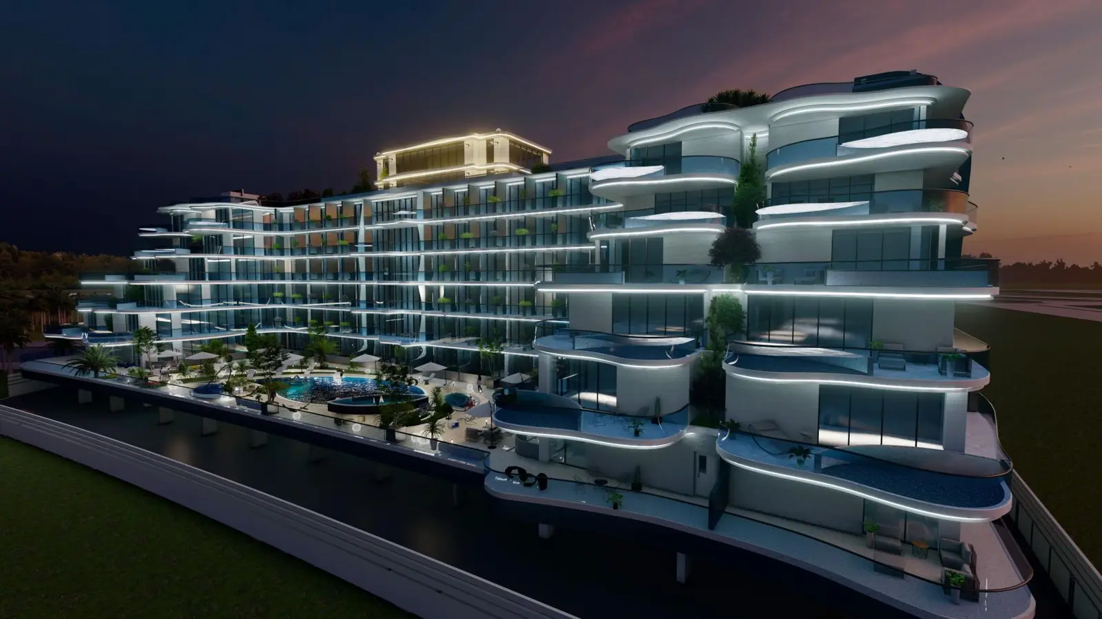 Building at dusk with lit curved balconies