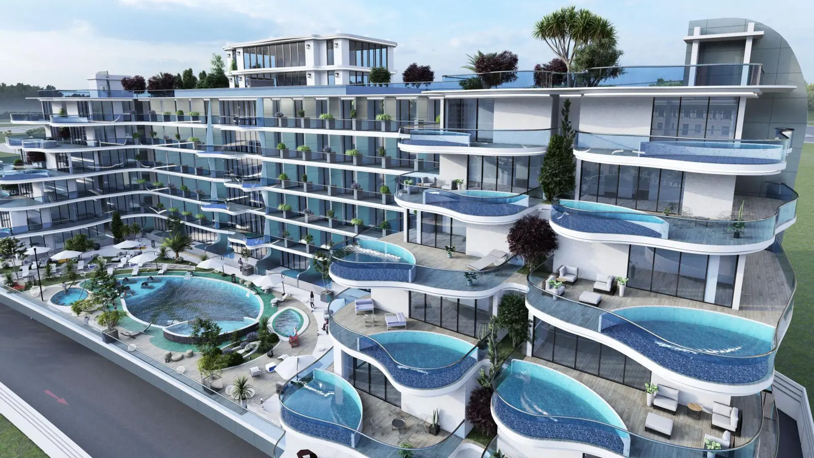 Corner of the building with private pool balconies