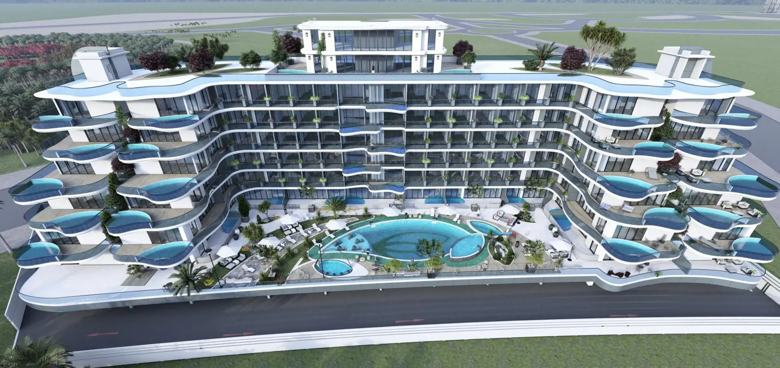 Aerial view of the building and pool deck