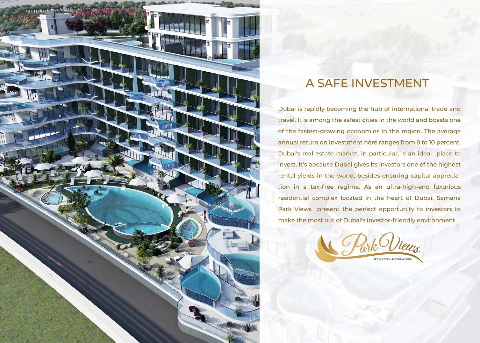 Aerial view of the building with curved pool balconies