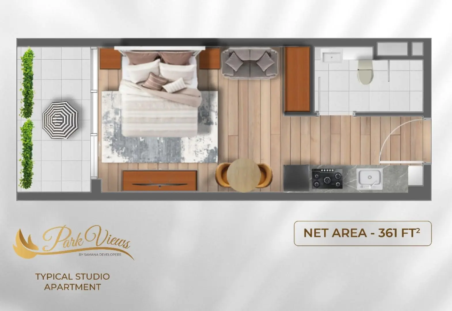 Typical studio plan, 361 sq ft