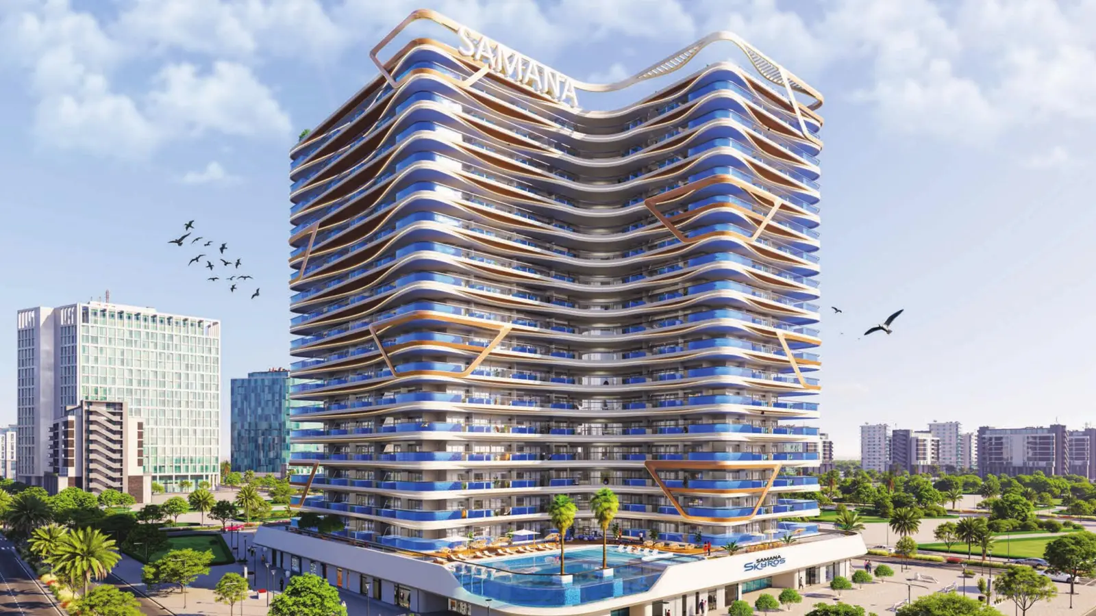 Tower with wavy facade and pool deck at the base
