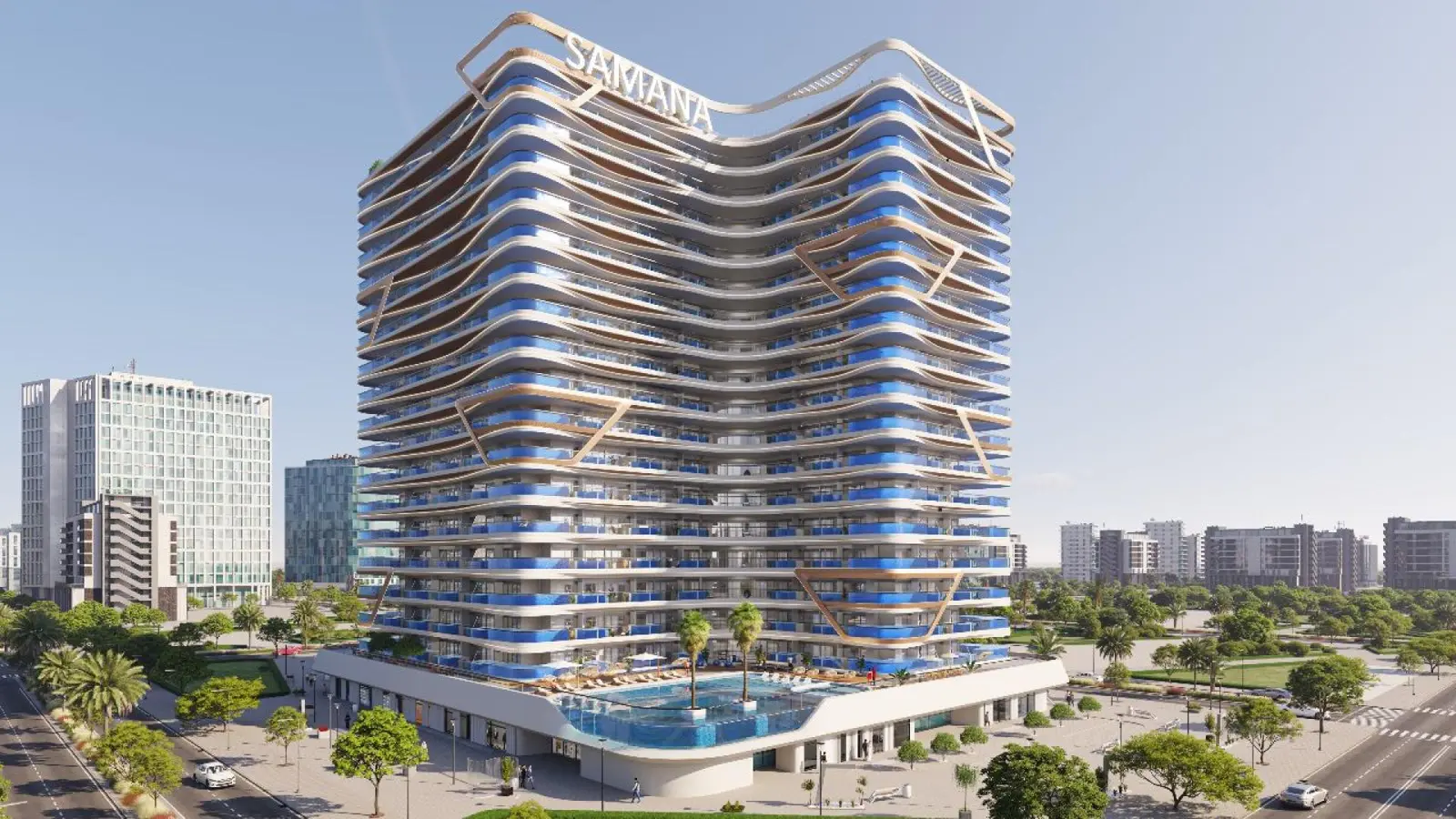 Tower in daylight with pool deck and park