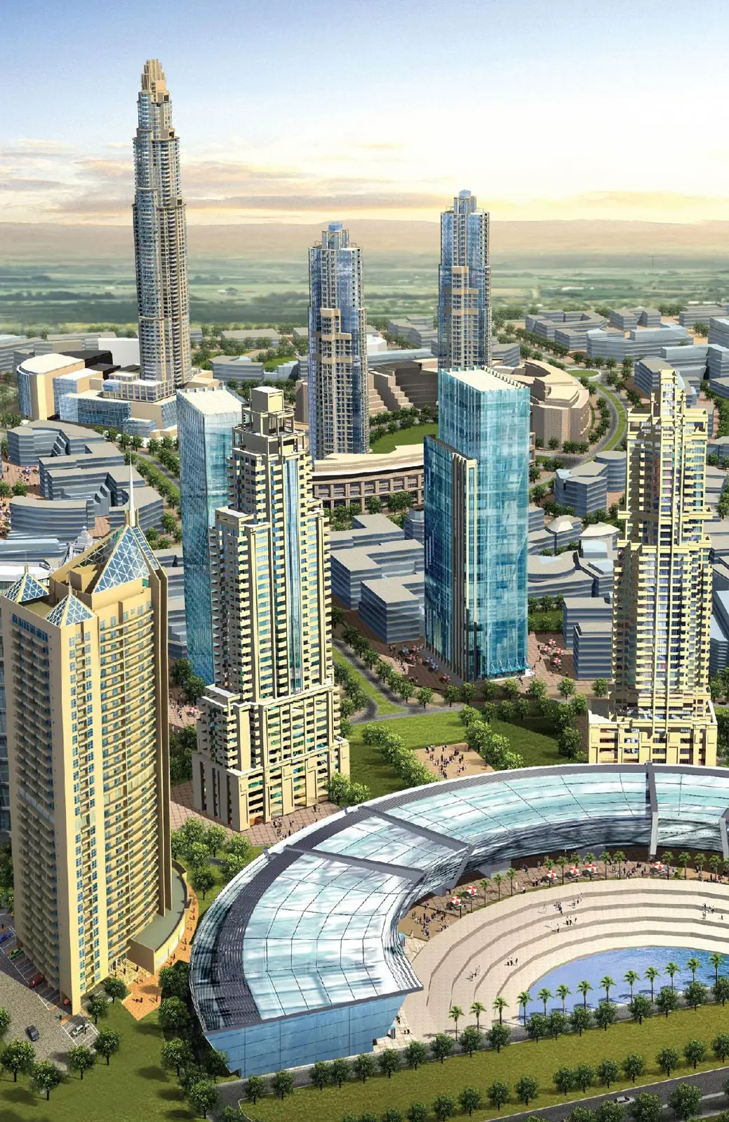 Aerial render of towers around a domed arena