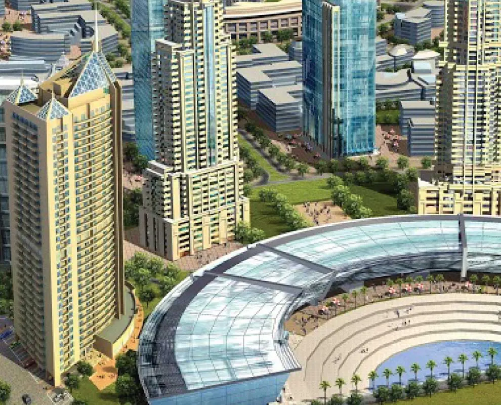 Close aerial render of the tower beside the arena