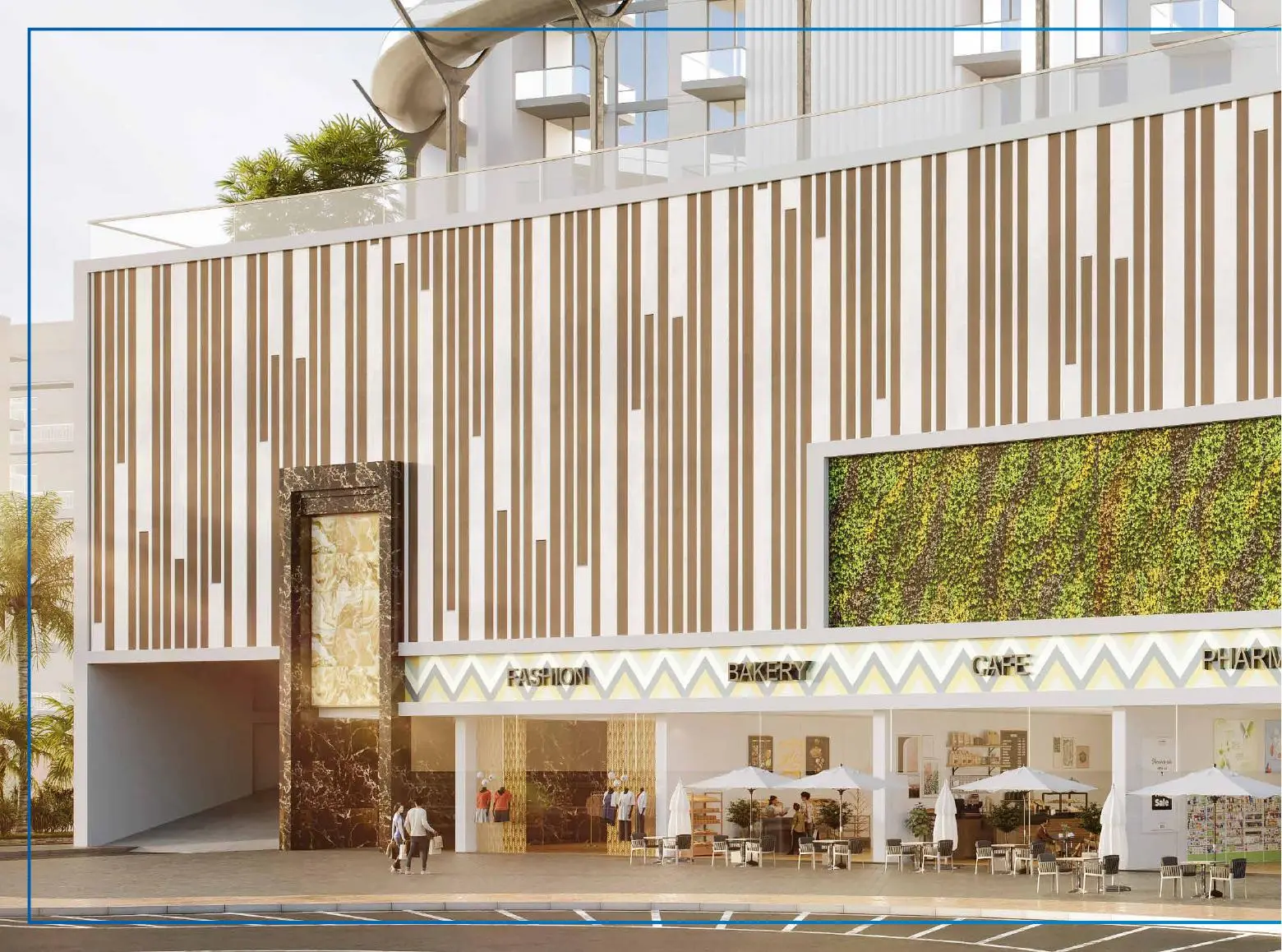 Retail frontage at the base of the tower
